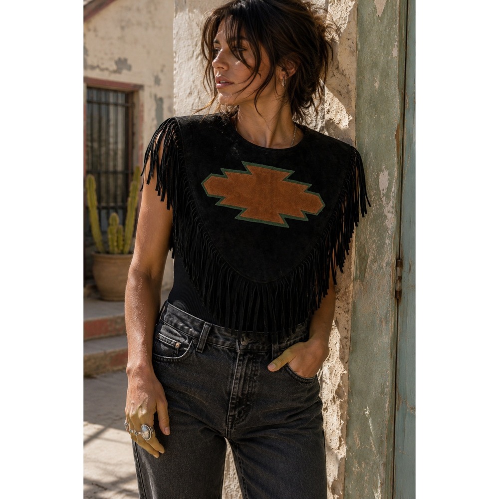 Vintage 80s Steer Brand Suede Leather Fringe Poncho Capelet Southwestern OS